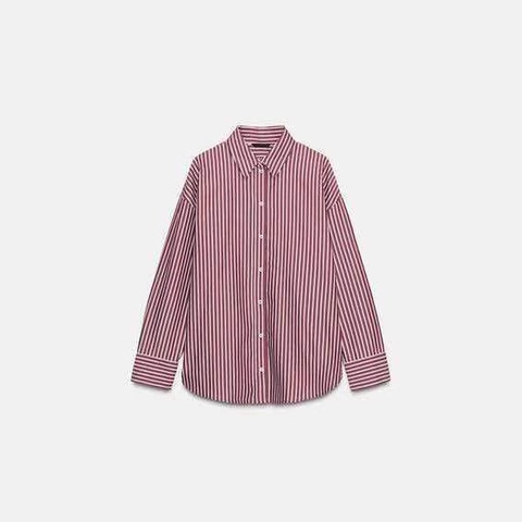 Camicetta da Donna Casual a Righe Manica Lunga con Bottoni e Rever Vestibilità Larga Oversize Bordeaux Bianco Top Autunno