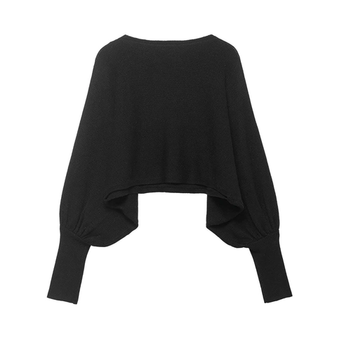 Women's Casual Batwing Sleeve Knitted Sweater Cropped Boat Neck Lantern Sleeve Ribbed Cuff Loose Pullover Solid Color Top