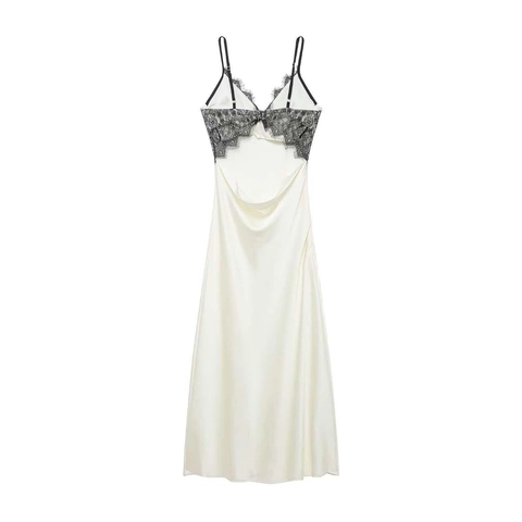 Vestido Lencero de Satén con Encaje y Cuello en V Francés Sexy Camisón Largo sin Espalda para Mujer Elegante Color de Contraste