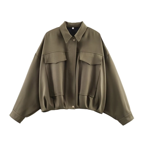 Chaqueta Bomber Informal Para Mujer En Verde Militar Con Dobladillo Plisado Y Cierre De Botones Manga Larga Abrigo