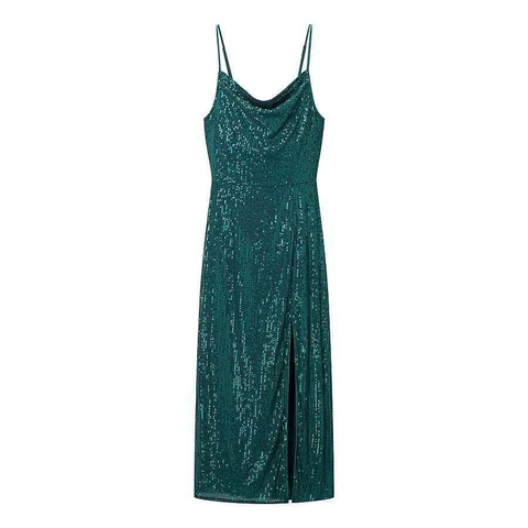 Women Sexy Emerald Green Sequin Strap Maxi Dress Spaghetti Strap Backless Side Slit Cowl Neck Evening Party Dress