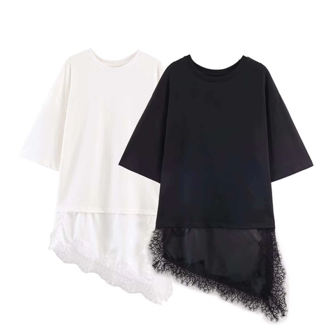 Maglietta Larga Casual da Donna Con Orlo Asimmetrico in Patchwork di Pizzo Girocollo Manica Corta Top Lungo Estivo