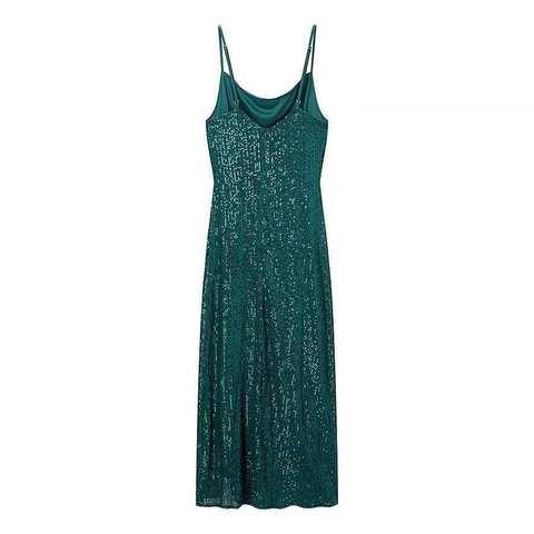 Women Sexy Emerald Green Sequin Strap Maxi Dress Spaghetti Strap Backless Side Slit Cowl Neck Evening Party Dress