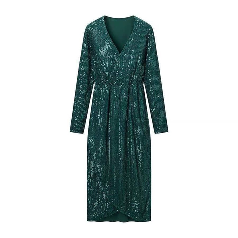 Women Elegant Sequin V Neck Long Sleeve Midi Dress Front Slit Slim Fit Peacock Green Party Evening Cocktail Dress