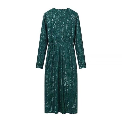 Women Elegant Sequin V Neck Long Sleeve Midi Dress Front Slit Slim Fit Peacock Green Party Evening Cocktail Dress