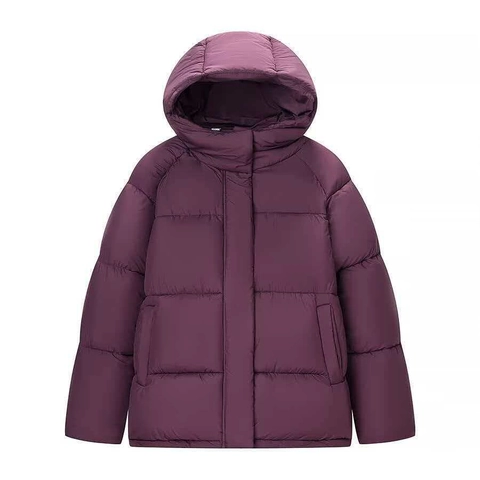 Women Winter Hooded Puffer Jacket Wine Red Quilted Padded Coat Long Sleeve Warm Windproof Outerwear Casual Solid Color Thick Jacket