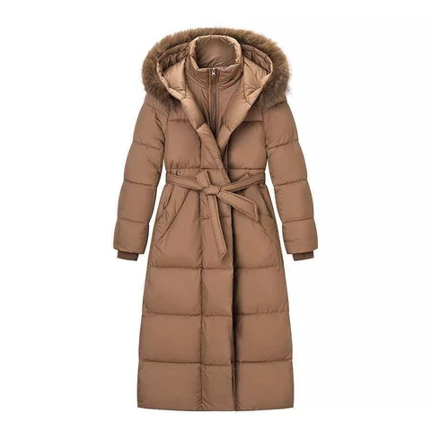 Giacca Imbottita Lunga Da Donna Con Cappuccio E Collo In Pelliccia Sintetica Cintura In Vita Invernale Parka Trapuntato Caldo