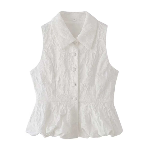 Damen Elegant Weiß Ärmellos Jacquard Schößchen Bluse Mode Reverskragen Einreihig Taille Cinch Sommer Top