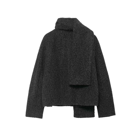 Γυναικείο Casual Μάλλινο Μπουφάν Boucle Με Ενσωματωμένο Γιακά Κασκόλ Ασύμμετρα Κουμπιά Κοντό Χειμερινό Παλτό