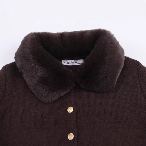 Women Elegant Faux Fur Collar Knit Cardigan Sweater With Vintage Gold Anchor Buttons Solid Coffee Brown Long Sleeve Jacket