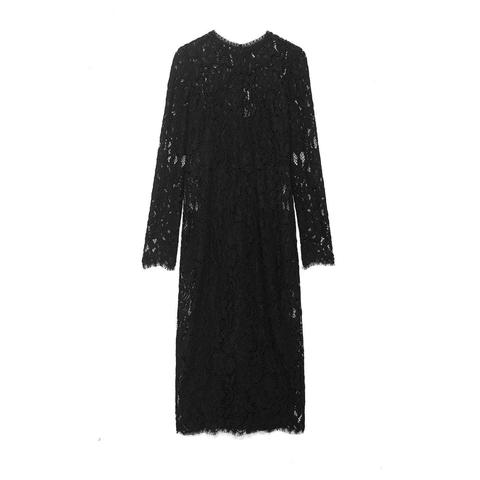 Damen Vintage Blumen Spitze Midi Kleid Elegant Rundhals Langarm Schlanke Passform Schwarz Formelle Party Bankett Etuikleid