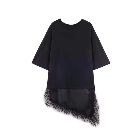 Maglietta Larga Casual da Donna Con Orlo Asimmetrico in Patchwork di Pizzo Girocollo Manica Corta Top Lungo Estivo