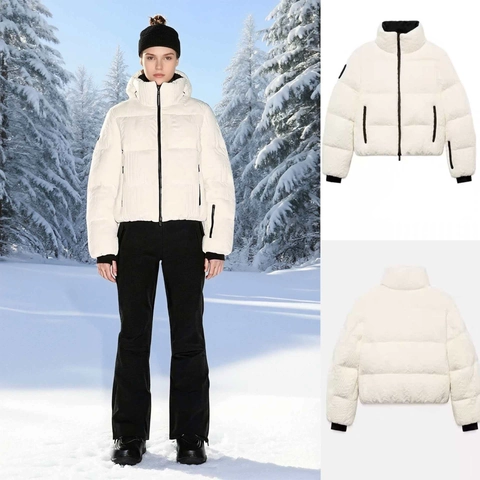 Doudoune d'Hiver à Torsades pour Femme Manteau de Ski Rembourré Chaud Col Montant Fermeture Éclair Noire Veste Décontractée Épaisse Blanc