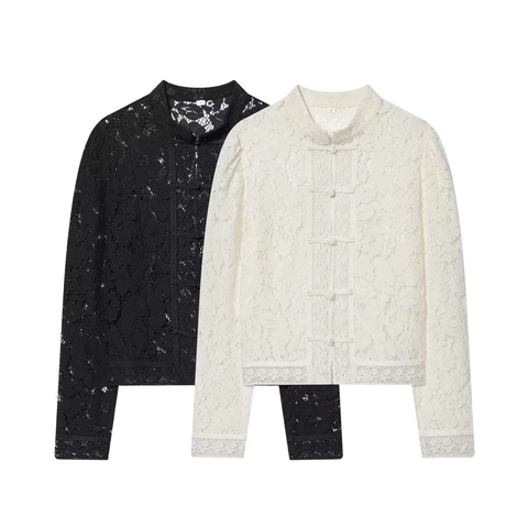 Camicetta in Pizzo da Donna in Nuovo Stile Cinese Elegante Collo in Piedi Bottoni Cinesi Manica Lunga Floreale Trasparente Top Bianco Nero