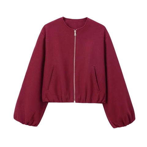 Women's Vintage Woolen Bomber Jacket Casual Round Neck Zip Up Short Coat Loose Puff Sleeve Wool Blend Outerwear