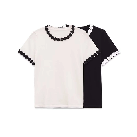 Women Elegant Knit Short Sleeve Top Contrast Floral Lace Trim Round Neck Slim Fit Basic Solid Color Summer Chic T-Shirt
