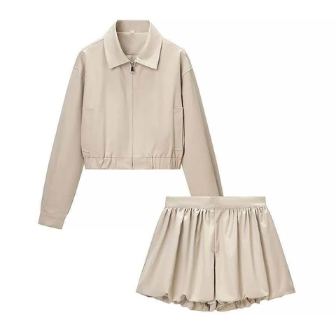 Damen Elegant 2-Teiliges Set Solide Aprikose Langarm Reißverschluss Jacke Und Hohe Taille Puffy Shorts Casual Commuter Sommer Outfits