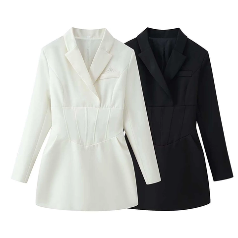 Vestido Blazer Elegante para Mujer Corte Ajustado Cintura Corsé Manga Larga Diamantes de Imitación Mini Vestido Color Sólido Solapa Fiesta