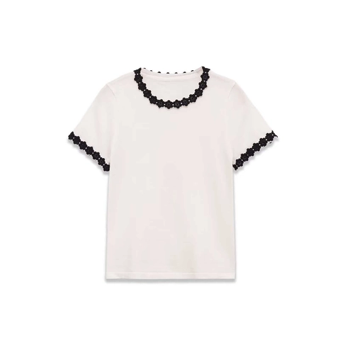 Women Elegant Knit Short Sleeve Top Contrast Floral Lace Trim Round Neck Slim Fit Basic Solid Color Summer Chic T-Shirt