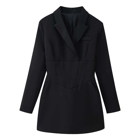 Vestido Blazer Elegante para Mujer Corte Ajustado Cintura Corsé Manga Larga Diamantes de Imitación Mini Vestido Color Sólido Solapa Fiesta