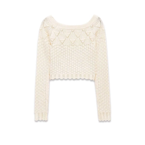 Damen French Vintage Häkel-Lochmuster Strickpullover Wellenkante Langarm U-Boot-Ausschnitt Locker Kurz Crop Top