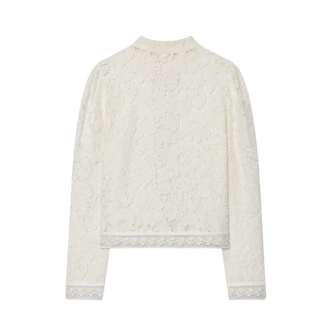 Camicetta in Pizzo da Donna in Nuovo Stile Cinese Elegante Collo in Piedi Bottoni Cinesi Manica Lunga Floreale Trasparente Top Bianco Nero