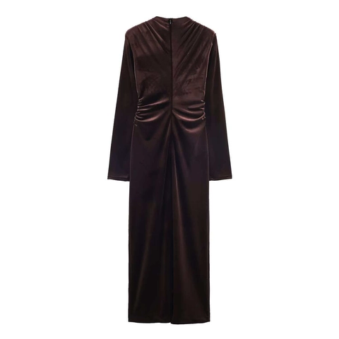 Women Elegant V-Neck Velvet Maxi Dress Long Sleeve Ruched Slim Fit Solid Color Autumn Winter Party Evening Long Dress