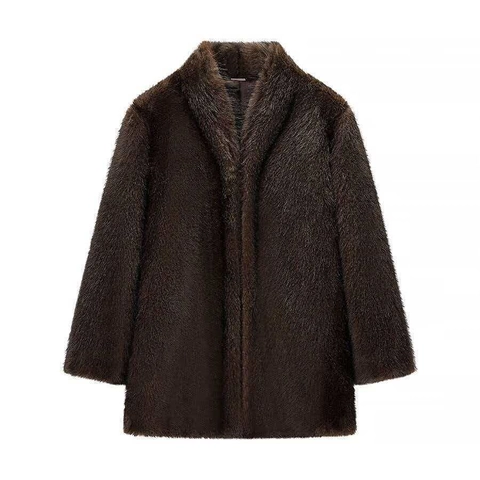 Cappotto da Donna in Pelliccia Sintetica Marrone Scuro Elegante Lunghezza Media Collo a Scialle Calda Giacca Invernale Moda
