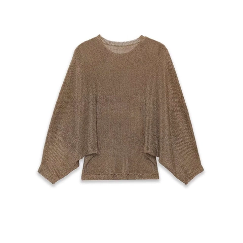 Women's Casual Metallic Texture Knit Sweater Loose Batwing Sleeve Round Neck Pullover Solid Color Brown Bronze Fashion Top