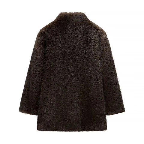 Cappotto da Donna in Pelliccia Sintetica Marrone Scuro Elegante Lunghezza Media Collo a Scialle Calda Giacca Invernale Moda