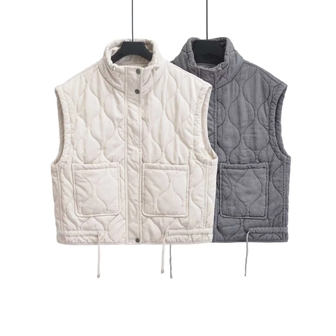 Damen Vintage Gesteppte Weste Stehkragen Wellensteppung Ärmellos Wattierte Jacke Mit Taschen Kordelzug Saum Lässige Weste
