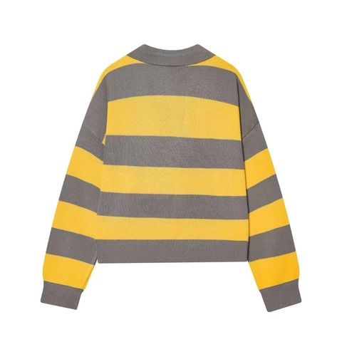 Pull Polo en Maille Rayée pour Femmes Col en V Manches Longues Décontracté Élégant Couleur Contrastée Haut