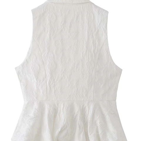 Damen Elegant Weiß Ärmellos Jacquard Schößchen Bluse Mode Reverskragen Einreihig Taille Cinch Sommer Top