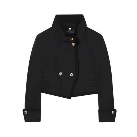 Damen Doppelreihige Kurze Jacke Stehkragen Goldene Knöpfe Schulterpolster Slim Fit Büro Damen Mode Mantel