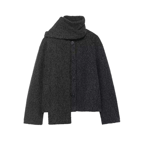 Γυναικείο Casual Μάλλινο Μπουφάν Boucle Με Ενσωματωμένο Γιακά Κασκόλ Ασύμμετρα Κουμπιά Κοντό Χειμερινό Παλτό