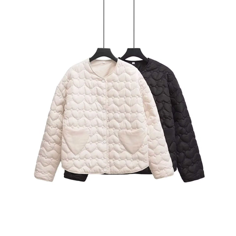 Women Fashion Heart Pattern Quilted Jacket Winter Warm Casual Loose Round Neck Long Sleeve Padded Coat Outerwear For Lady