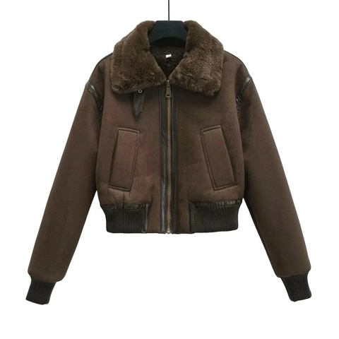 Veste en Fausse Fourrure pour Femme Vintage Courte Suédine Aviateur Manteau d'Hiver Chaud Avec Col en Fausse Fourrure