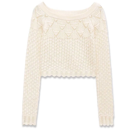 Damen French Vintage Häkel-Lochmuster Strickpullover Wellenkante Langarm U-Boot-Ausschnitt Locker Kurz Crop Top
