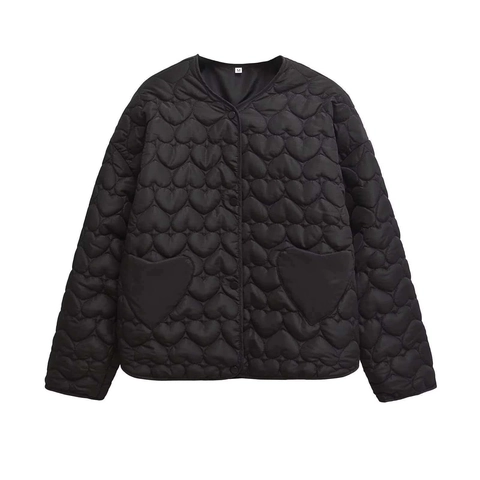 Women Fashion Heart Pattern Quilted Jacket Winter Warm Casual Loose Round Neck Long Sleeve Padded Coat Outerwear For Lady