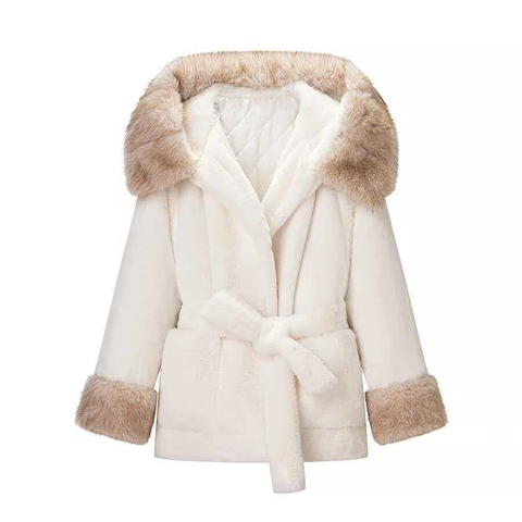 Women's Elegant Faux Fur Coat Mid-length Hooded Winter Jacket With Large Fur Trim Belted Waist Warm Quilted Lining Outwear