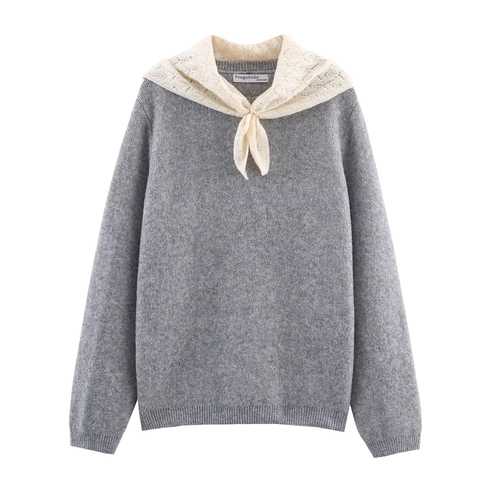 Suéter de Punto Gris Holgado para Mujer Con Cuello de Lazo de Encaje Blanco Crema Pullover Casual de Manga Larga Suave