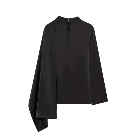 Damen Asymmetrisch Schalkragen Acetat Satin Bluse Elegant Langarm Falten Einfarbig Pullover Top Für Bankett Büro