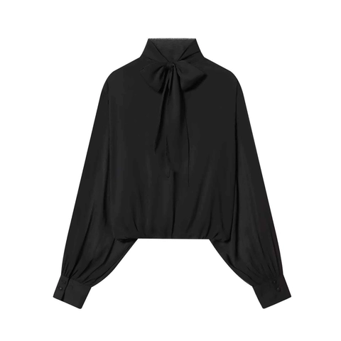 Damen Elegante Schwarze Polyester Chiffon Bluse Langarm Schluppen Schleife Hals Falten Durchscheinend Wickeltop Für Büro Arbeit Party