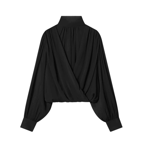 Damen Elegante Schwarze Polyester Chiffon Bluse Langarm Schluppen Schleife Hals Falten Durchscheinend Wickeltop Für Büro Arbeit Party