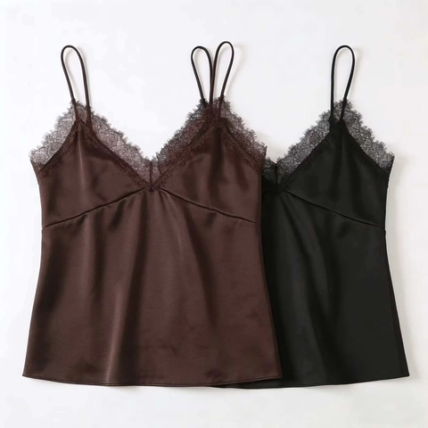 Canotta da Donna Sexy in Raso con Scollo a V e Finiture in Pizzo Elegante Senza Maniche con Spalline Regolabili Top Estivo