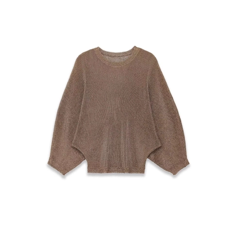 Women's Casual Metallic Texture Knit Sweater Loose Batwing Sleeve Round Neck Pullover Solid Color Brown Bronze Fashion Top