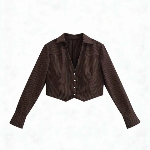 Damen Vintage Gestreifte V-Ausschnitt Kurze Bluse Langarm Hemd Cardigan Unregelmäßiger Saum Pendler Braun Crop Top