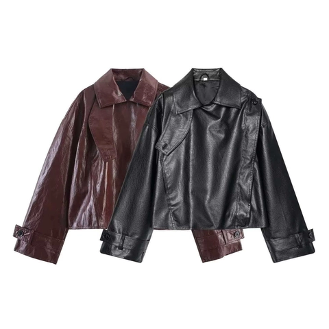 Women's Vintage Faux Leather Cropped Motorcycle Jacket Retro Loose Fit PU Leather Biker Jacket Long Sleeve Lapel Collar Coat