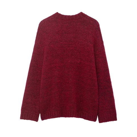 Vintage Women Wine Red Chunky Knit Cardigan V Neck Long Sleeve Mohair Look Sweater Coat With Horse Embroidery Buttons Loose Top