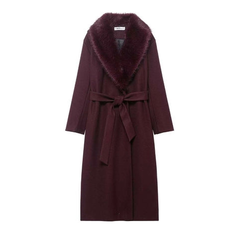 Abrigo Largo de Lana Elegante para Mujer Con Cuello de Piel Sintética y Cinturón Monopetto Ajustado Color Sólido Rojo Vino